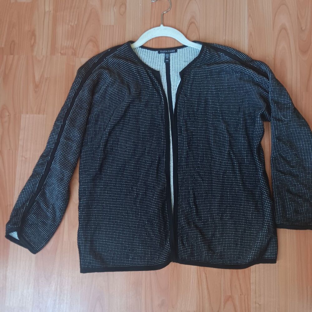Eileen Fisher Textured Silk Blend Open Front Cardigan Black  Sustainable Classic